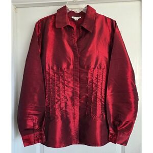 Coldwater Creek Iridescent Burgundy Red Silky Pintuck Beaded Button Blouse Sz XL